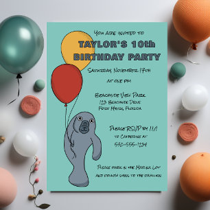 Invitation Manatee et Ballons fête d'anniversaire personnalis
