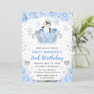 Invitation Manchot arctique aquarelle floral 2e anniversaire