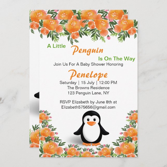 Invitation Manchot noir et orange | Fleurs orange et vert (Devant / Derrière)