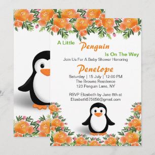 Invitation Manchot noir et orange Fleurs orange et vert