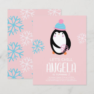Invitation Manchot tenant des flocons de neige Anniversaire d