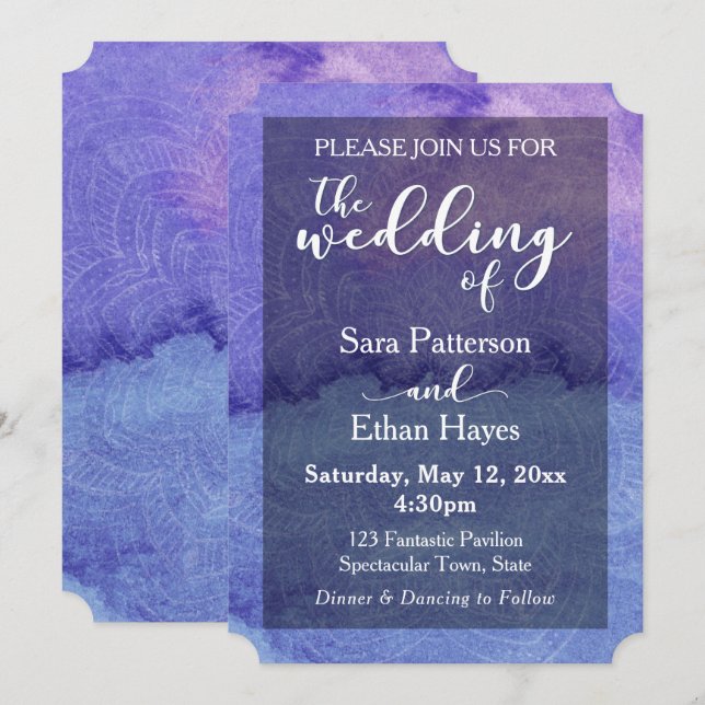 Invitation Mandala aquarelle violette "Le Mariage De" (Devant / Derrière)