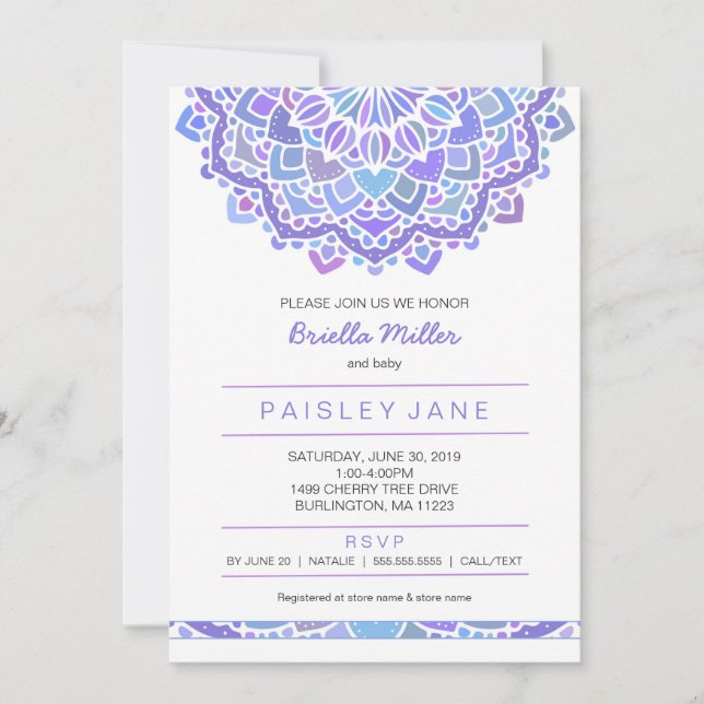Invitation Mandala baby shower invitation, jeune fille violet (Devant)
