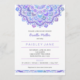 Invitation Mandala baby shower invitation, jeune fille violet