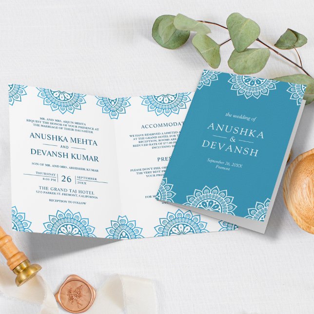 Invitation Mandala Bleu Mariage Traditionnel Ethnique Indien (Créateur téléchargé)