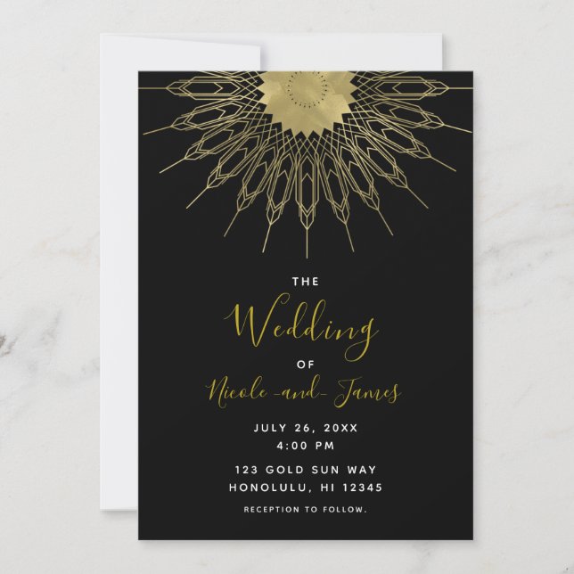 Invitation Mandala de mariage noir abstrait élégant soleil do (Devant)
