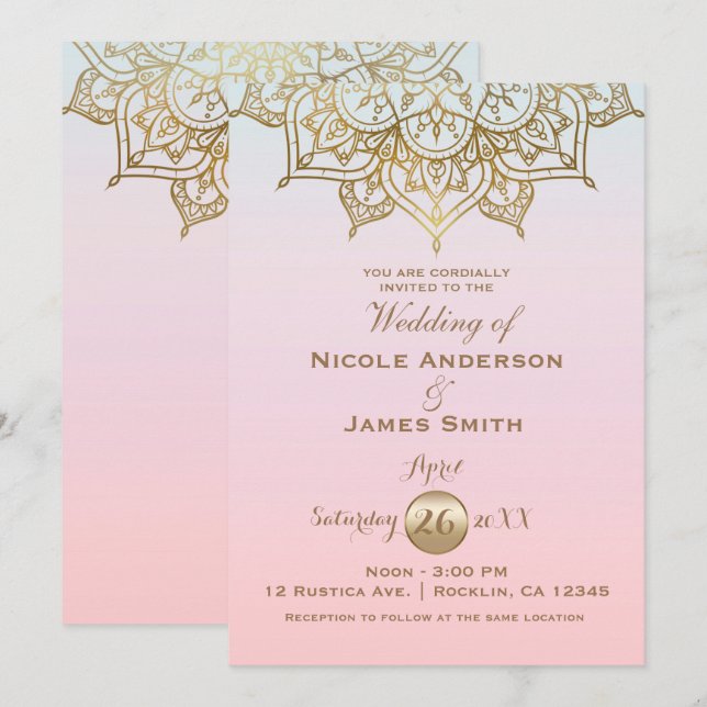 Invitation Mandala doré rose pêche élégant mariage moderne (Devant / Derrière)