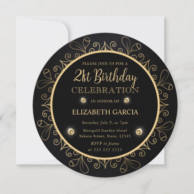 Invitation Mandala élégant noir et or pour 21e anniversaire (Devant)
