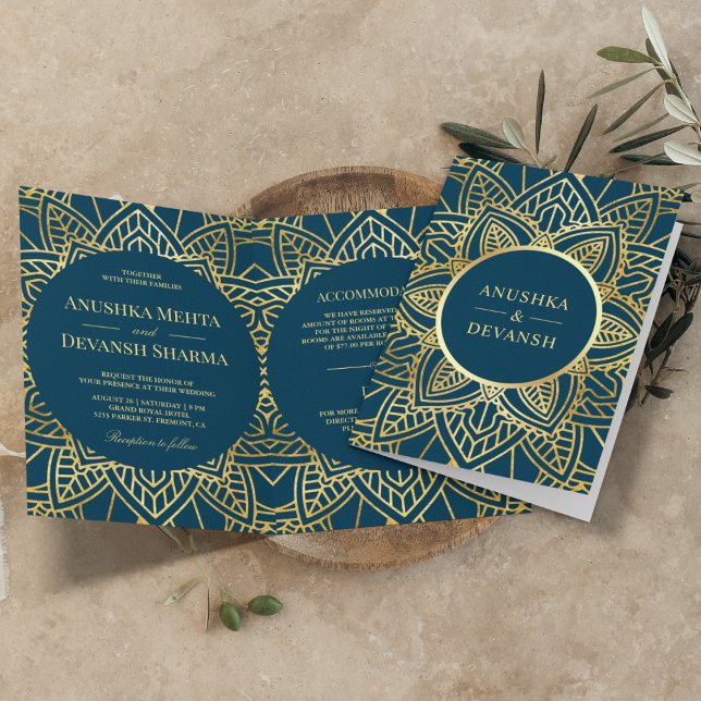 Invitation Mandala Ethnique Bleu et Or Mariage Indien (Créateur téléchargé)