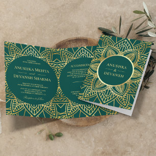 Invitation Mandala Ethnique Bleu Vert et Or Mariage Indien