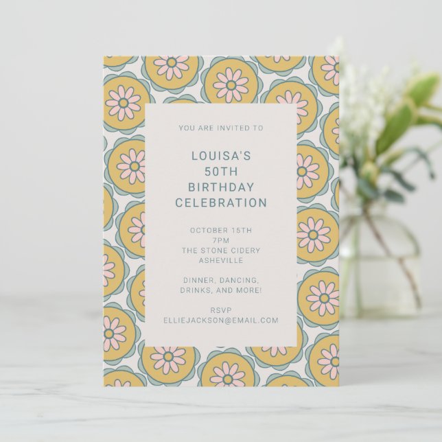 Invitation Mandala Floral Pastel Rétro Boho 50e Anniversaire (Debout devant)