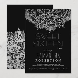 Invitation Mandala florale boho argent Sweet 16 party