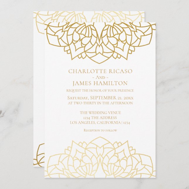 Invitation Mandala Gold Motif blanc Mariage personnalisé (Devant / Derrière)