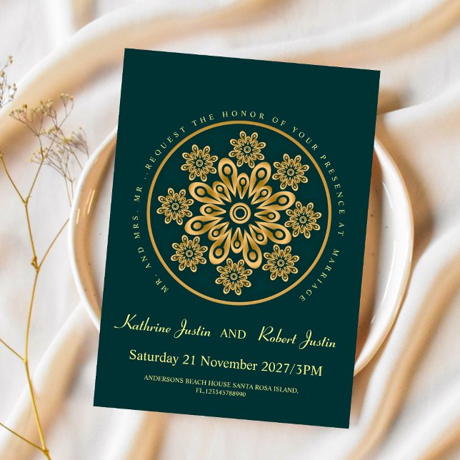 Invitation Mandala mariage indien traditionnel OR VERT (Créateur téléchargé)