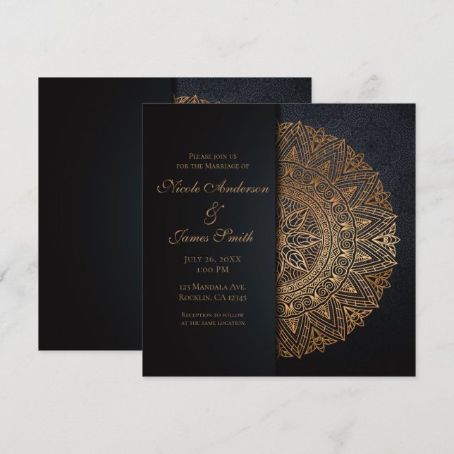 Invitation Mandala noir et or Mariage élégant (Devant / Derrière)