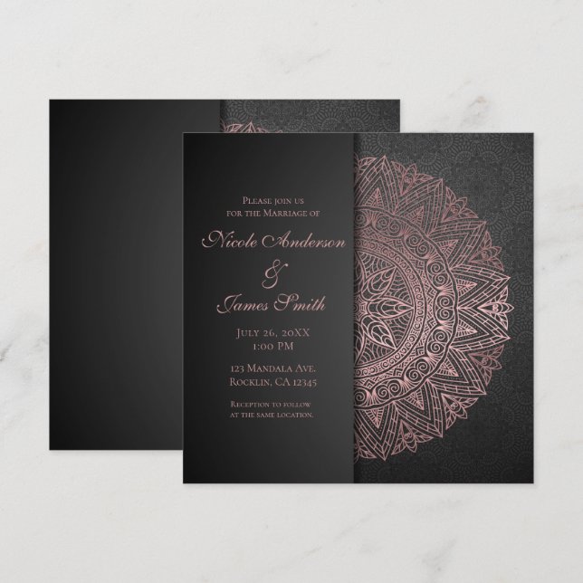 Invitation Mandala noir et or rose élégant mariage (Devant / Derrière)