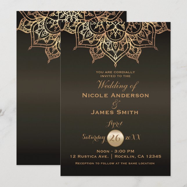 Invitation Mandala Or Marron Bronze Élégant Moderne Mariage (Devant / Derrière)