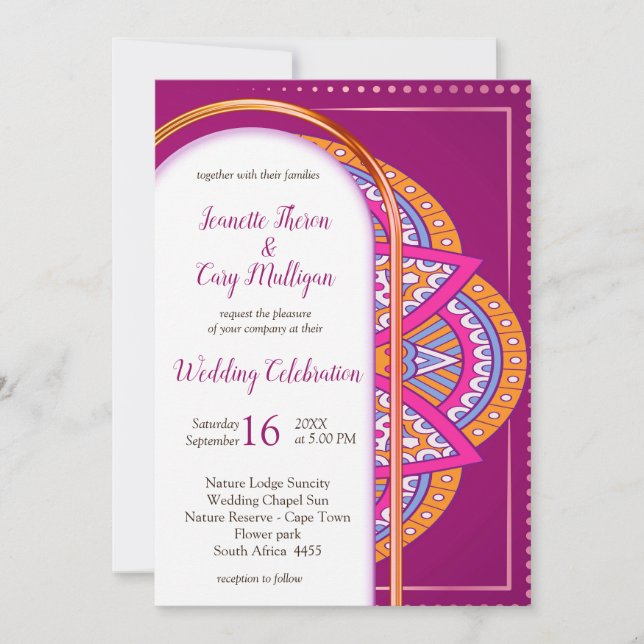 Invitation Mandalas en Cerise rose, bleu et orange (Devant)