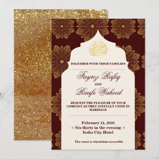 Invitation Mandalas en or antique Rouge Bourgogne Mariage Isl