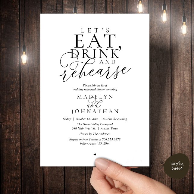 Invitation "Mangeons, buvons et répétons", Dîner de répétitio ("Let's eat, drink and rehearse", Rehearsal Dinner Invitation card in black and white)