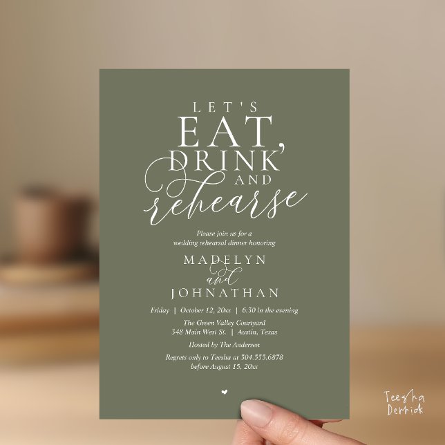 Invitation "Mangeons, buvons et répétons", Dîner de répétitio ("Let's eat, drink and rehearse", Rehearsal Dinner Invitation card in olive sage green)