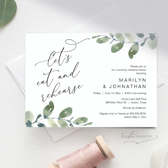 Invitation Mangeons et répétons, Dîner de répétition Mariage (Let's Eat and Rehearse, Romantic Rehearsal Dinner Invitation Card, Greenery Eucalyptus. Downloadable)