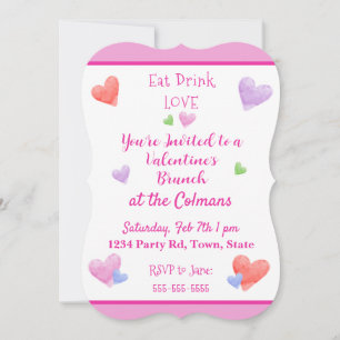 Invitation MANGER BOIRE AMOUR Saint-Valentin Cœurs Aquarelle
