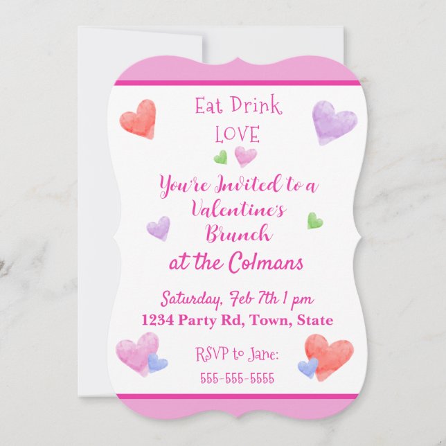 Invitation MANGER BOIRE AMOUR Saint-Valentin Cœurs Aquarelle (Devant)