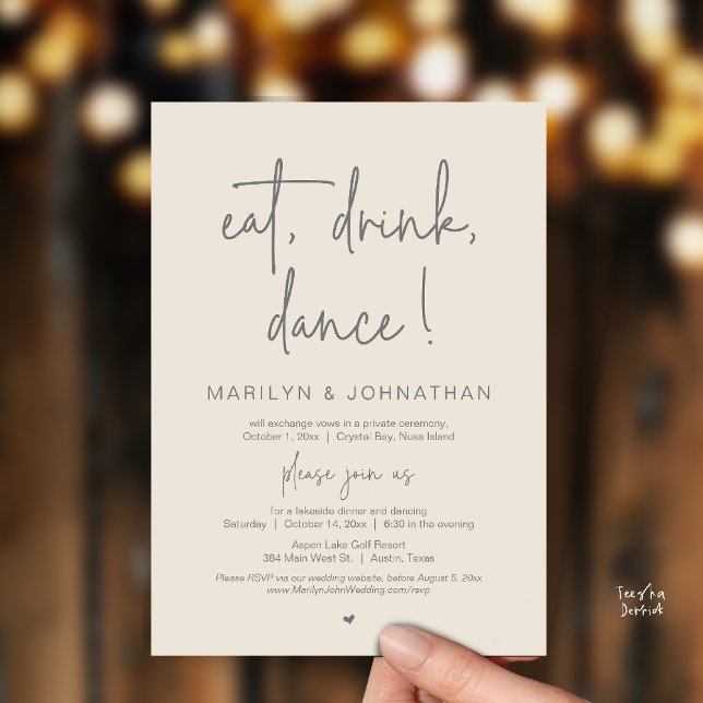 Invitation Manger, Boire, Danser, Dîner de Mariage en Intime (Eat, Drink, Dance, Wedding Elopement Dinner Party Invitation Card in Warm Cream Grey)