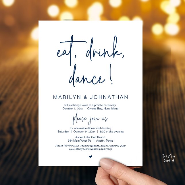Invitation Manger, Boire, Danser, Dîner de Mariage en Petit C (Eat, Drink, Dance, Wedding Elopement Dinner Party Invitation Card in Warm Navy Blue)