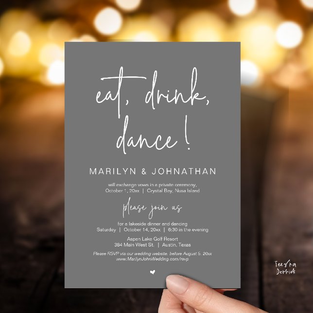 Invitation Manger, Boire, Danser, Dîner de Mariage Fuite Part (Eat, Drink, Dance, Wedding Elopement Dinner Party Invitation Card in Warm Dark Grey)
