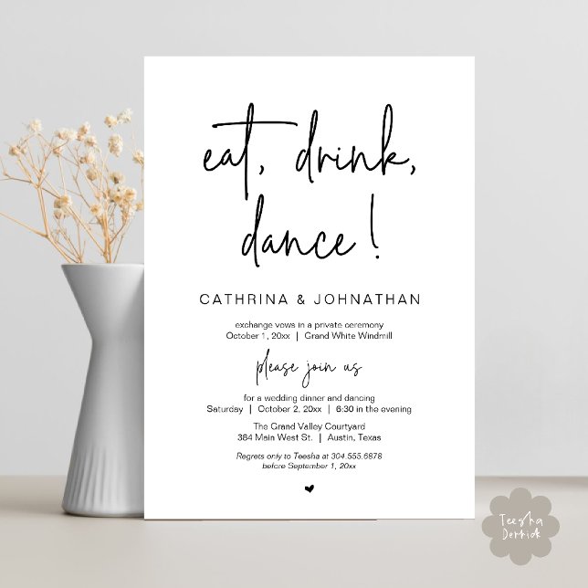 Invitation Manger, Boire, Danser Dîner Élégant de Mariage en  (Eat, Drink, Dance Elegant Wedding Elopement Dinner Invitation Card in Black and white)