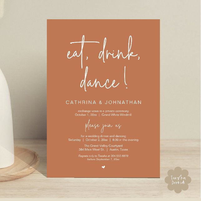 Invitation Manger, Boire, Danser, Élégante Fuite Amoureuse Cu (Eat, Drink, Dance Elegant Wedding Elopement Dinner Invitation Card in Copper Brown Terracotta)