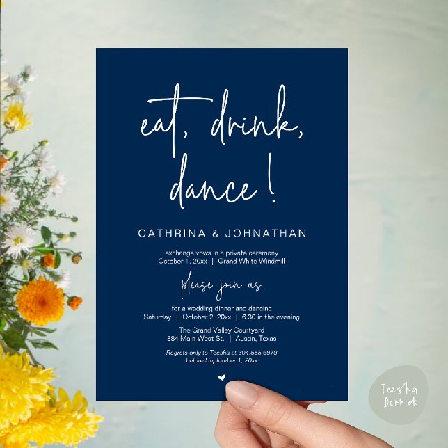 Invitation Manger, Boire, Danser, Élégante Fuite en Mer Bleue (Eat, Drink, Dance Elegant Wedding Elopement Dinner Invitation Card in Navy Blue)