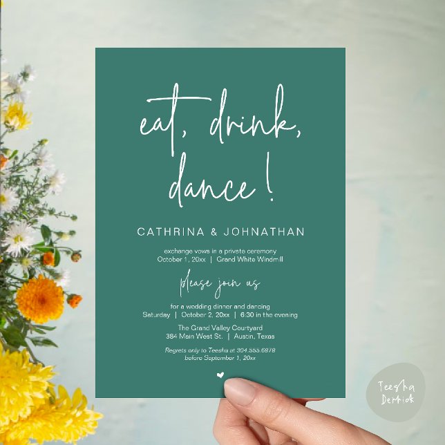 Invitation Manger, Boire, Danser, Élégante Fuite en Teal Vert (Eat, Drink, Dance Elegant Wedding Elopement Dinner Invitation Card in Teal Green)