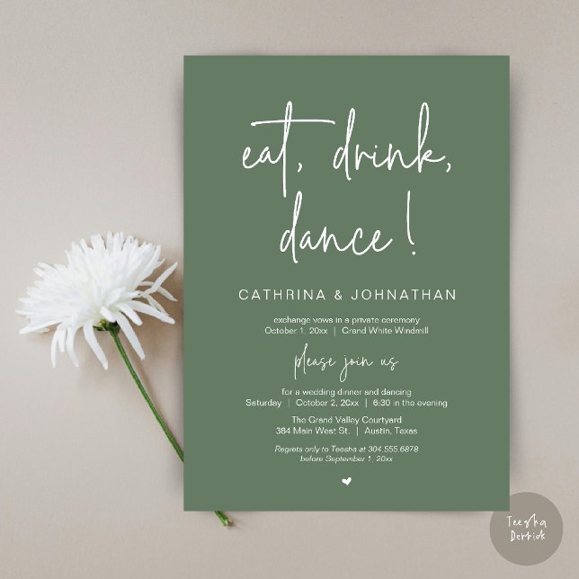 Invitation Manger, Boire, Danser, Réception Élégante au Vert  (Eat, Drink, Dance Elegant Wedding Elopement Dinner Invitation Card in Sage Green)