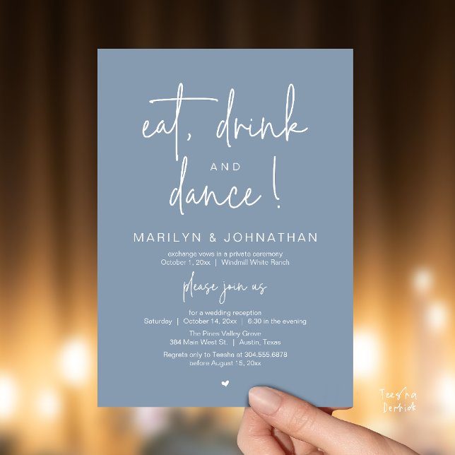 Invitation Manger, Boire et Danser, Réception de Mariage Mode (Eat, Drink and Dance, Modern Wedding Reception Dinner Party Invitation Card in dusty blue)