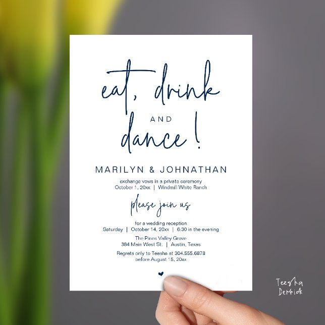 Invitation Manger, Boire et Danser, Réception de Mariage Mode (Eat, Drink and Dance, Modern Wedding Reception Dinner Party Invitation Card in navy blue)