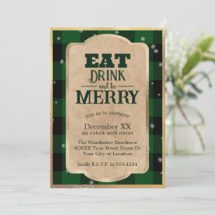 Invitation Manger, boire et être joyeux Green Plaid Noël