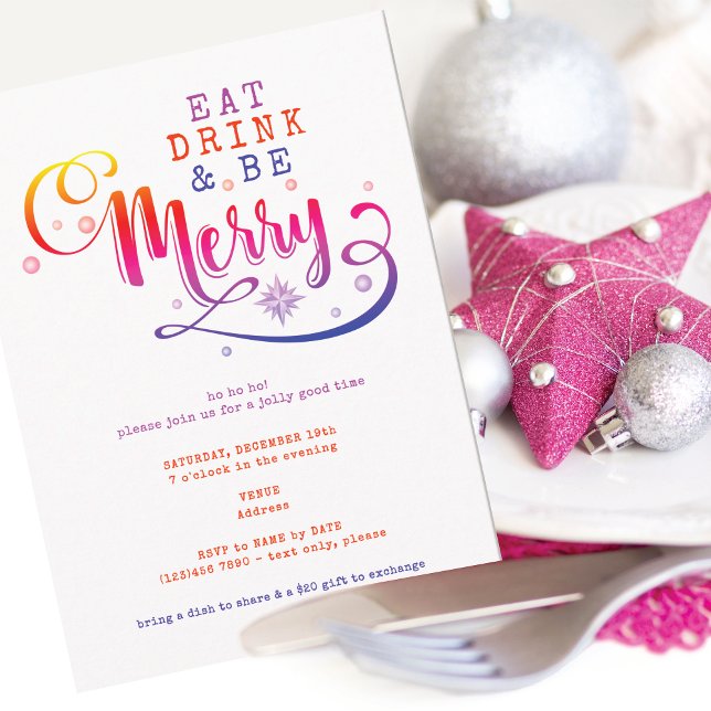 Invitation Manger Boire et être Joyeux Potluck de Noël Rose (Pink Eat Drink and Be Merry Christmas Potluck Invitation for Church Family Office Xmas Parties)