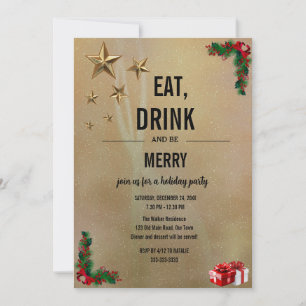Invitation Manger, boire et joyeux Noël en or pailleté