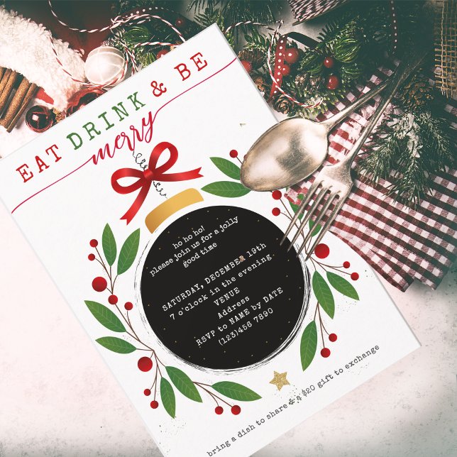 Invitation Manger, boire et joyeux Noël Potluck (Modern Eat Drink and Be Merry Christmas Bauble Potluck Invitation Church Family Office Xmas Parties)