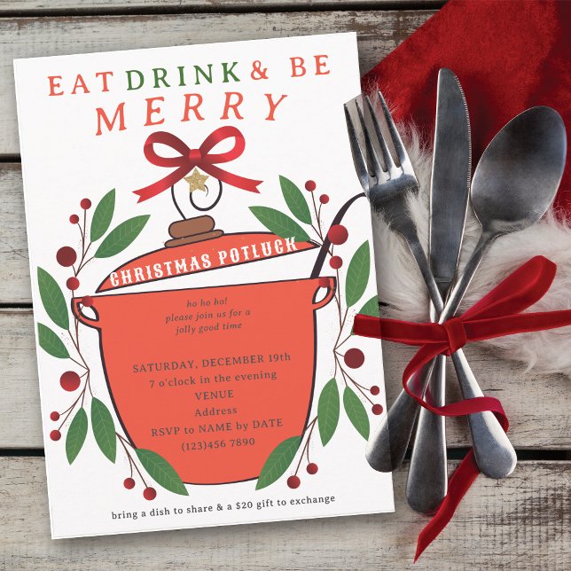 Invitation Manger, Boire et se Réjouir Potluck de Noël (Festive Eat Drink and Be Merry Christmas Potluck Invitation for Church Family Office Xmas Parties)