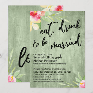 Invitation Manger, Boire & Être Marié Fleurs Peintes sur Bois