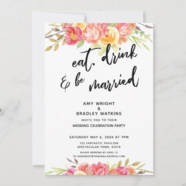 Invitation Manger Boire & Être Marié Réception de Mariage Flo (Devant)