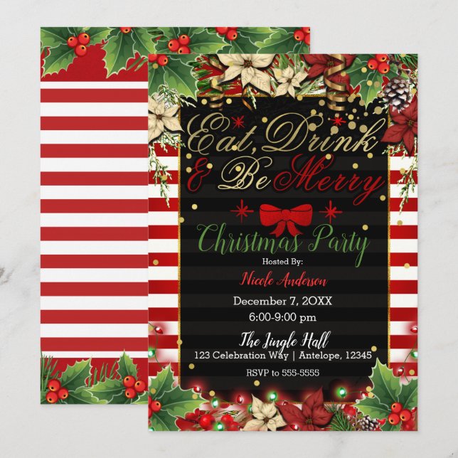 Invitation Manger Boire Joyeux Ruban Rouge Noël Fête de fin d (Devant / Derrière)