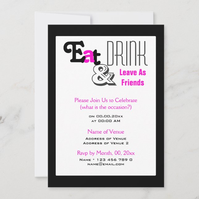 Invitation Manger, boire "partir en amis" rose noir (Devant)