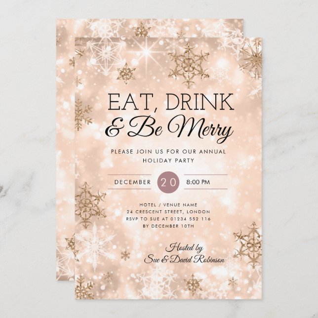Invitation "Manger et boire" Rose Gold Fête de Noël (Devant / Derrière)