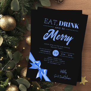 Invitation Manger moderne, Boire Soyez Joyeux Noël Bleu Ruban