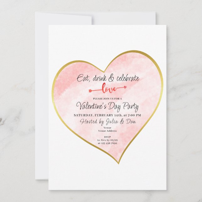 Invitation Mangez Boire & Aimer Aquarelle Or Coeur Vday Party (Devant)